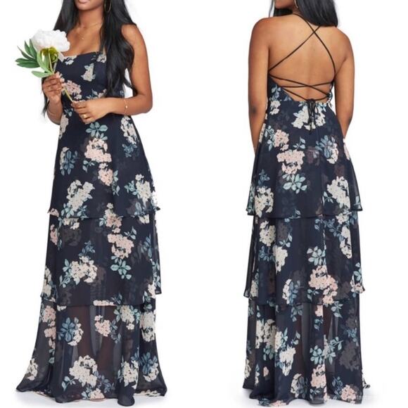 SMYM Mumu Black Floral Calypso Ruffle Tiered Tie Open Back Tank Maxi Dress M - Picture 1 of 9